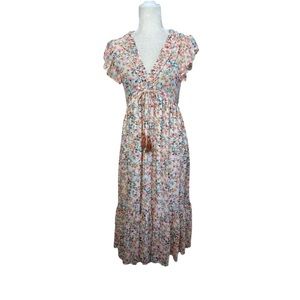 Zara Beige Floral Print Cottagcore Midi Ruffle Trim Cap Sleeve Dress Size Small